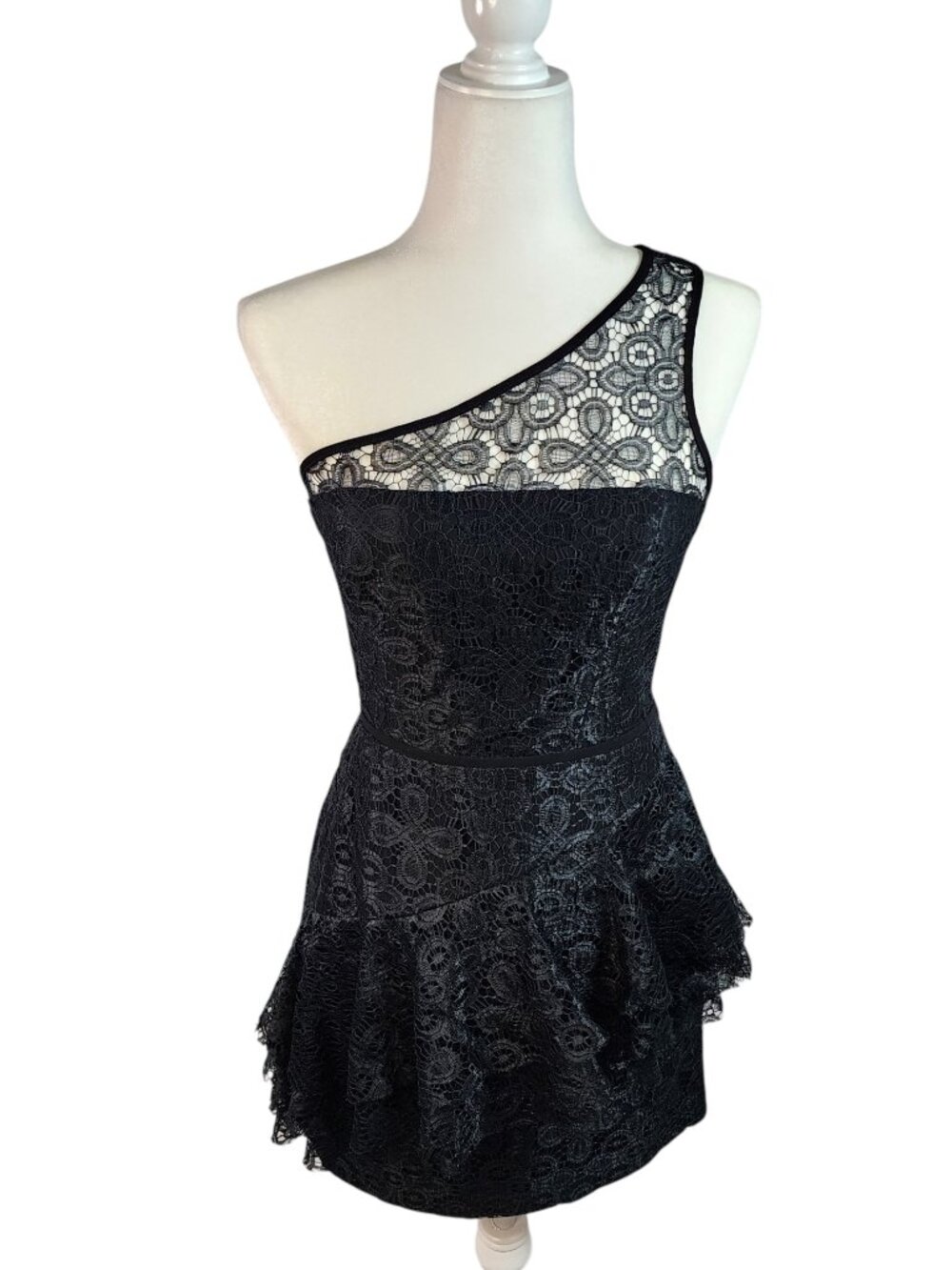 Jill Stuart One Shoulder Lace Illusion Peplum Mini Dress Black Size 8